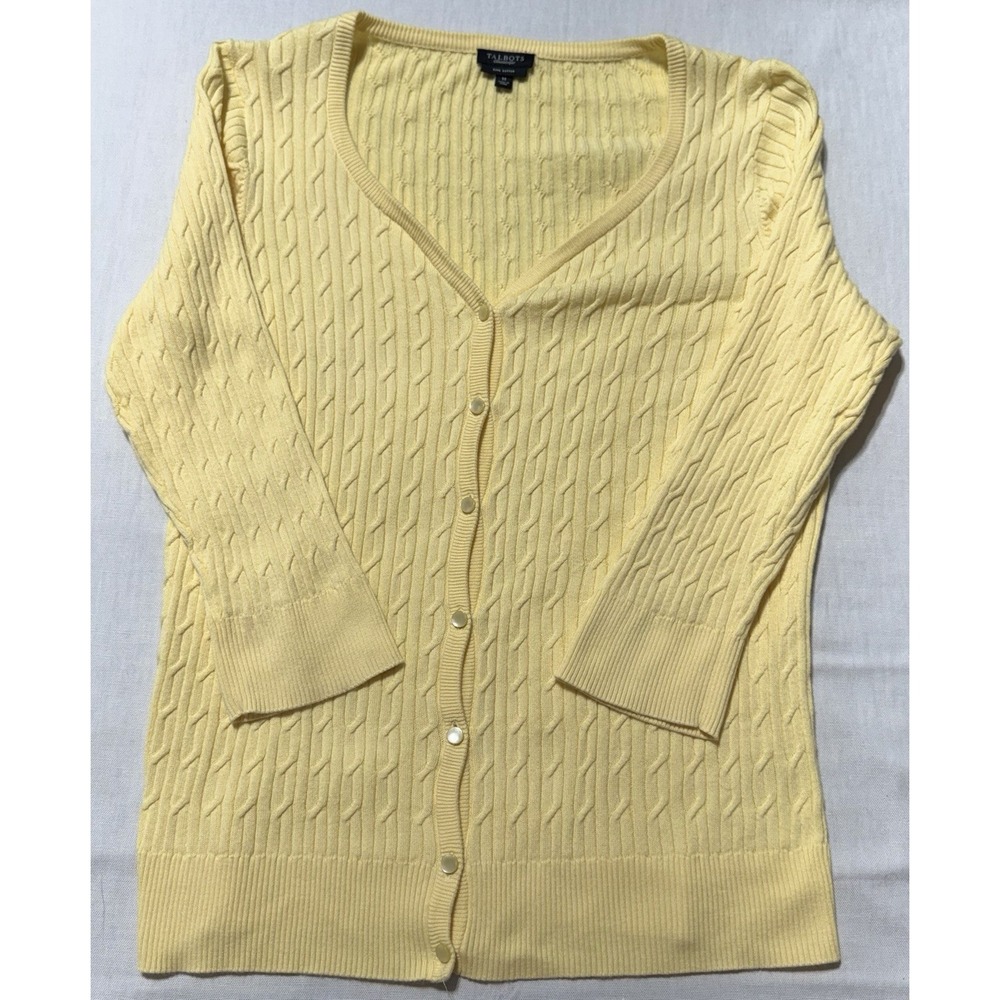 Talbots Pima Cotton Cable Knit Cardigan Sweater Pastel Yellow Women's Size M
